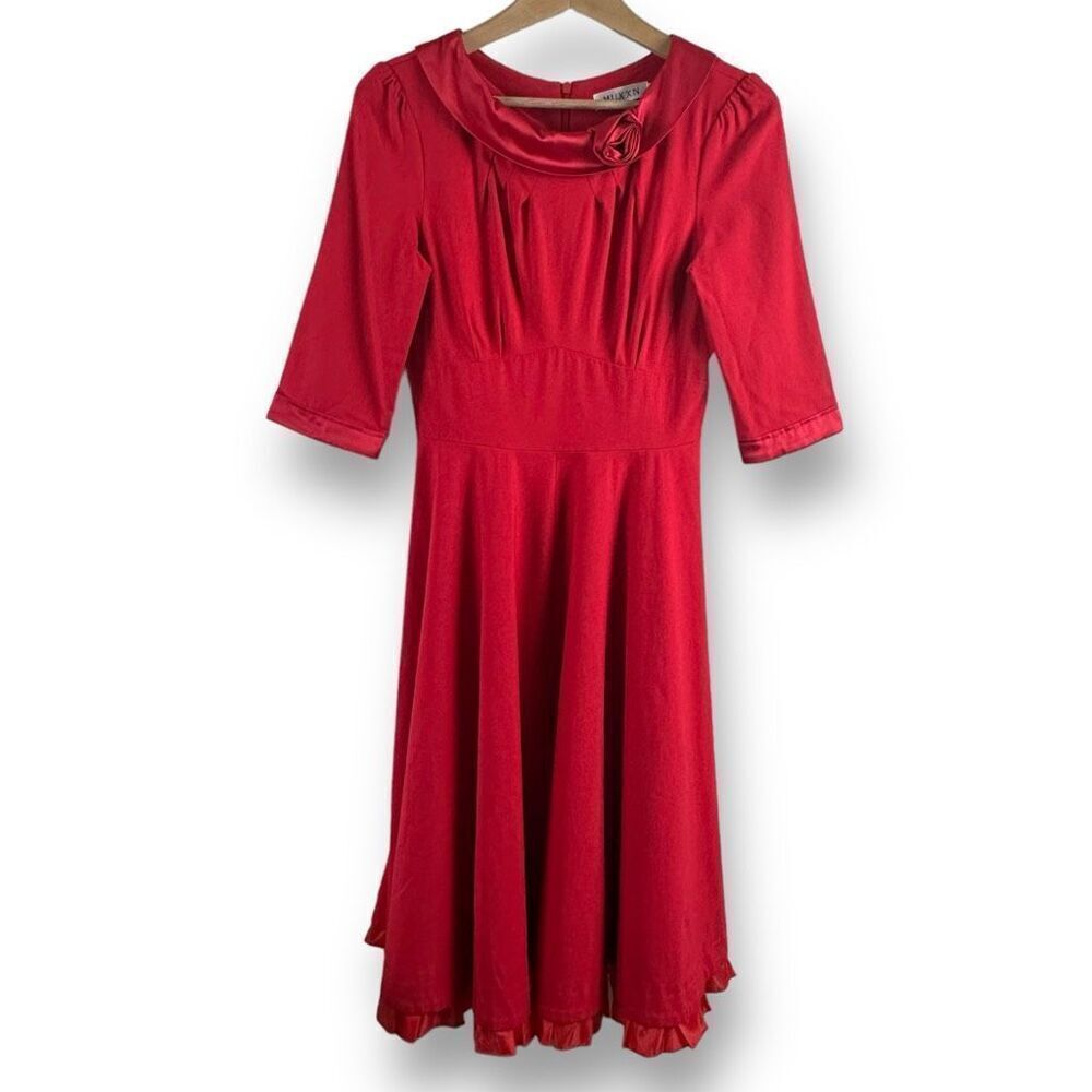 MUXXN Women's M Vintage 50s Inspired Red Midi Dress Satin Cuff Rosette Cosplay‎